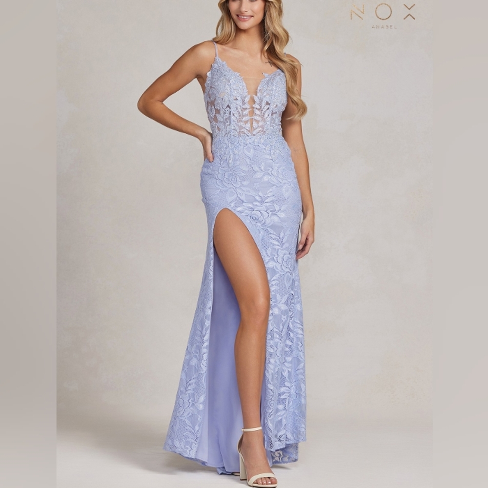 Periwinkle blue fitted lace open back long floor length gown